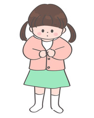 洋服のボタンを閉める幼児の女の子のイラスト