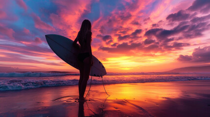 A beautiful surfer girl standing on the beach at sunset, holding her surfboard, with the vibrant colors of the setting sun illuminating her silhouette.