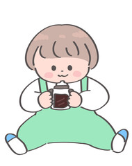 おすわりをしてマグでお茶を飲む幼児のイラスト