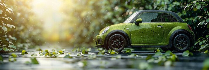 Small Green Car Driving Through Lush Green Forest