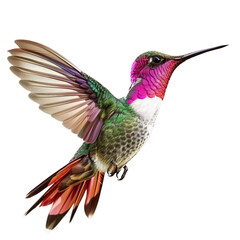 Obraz premium Realistic flying hummingbird with in a side view on a white background
