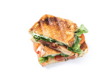 healthy spinach, tomato and cheese sandwich isolated on white background