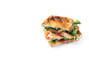 healthy spinach, tomato and cheese sandwich isolated on white background. Copy space