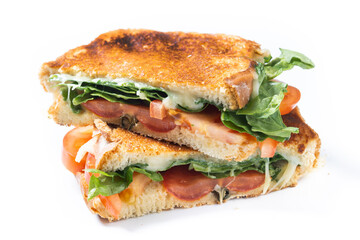 healthy spinach, tomato and cheese sandwich isolated on white background