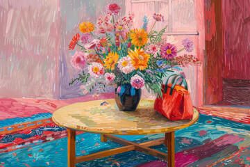 flowers on the table with red bag, oil painting art
