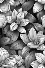A black and white floral patterned background with white flowers