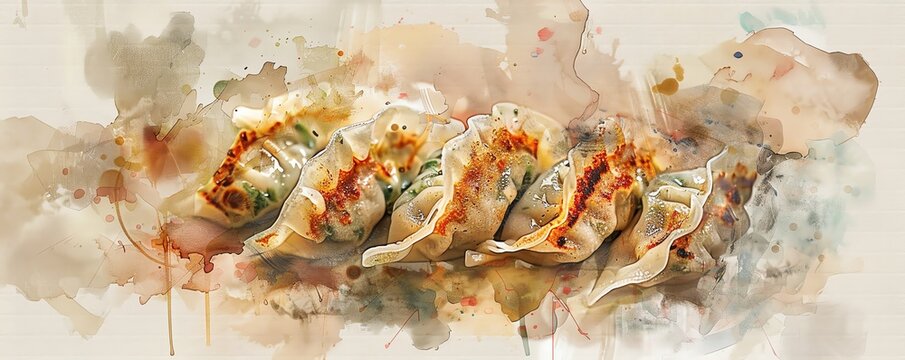 Watercolor painting of dumplings with brown sauce