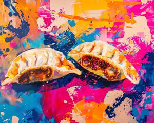 Four crispy golden dumplings on a colorful abstract background.