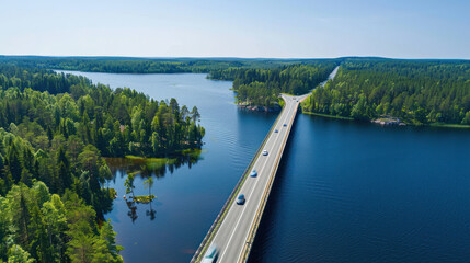 Bird's-eye view of a bridge road with moving cars, stretching across a picturesque blue lake on a bright summer day in Finland, framed by dense green forests.