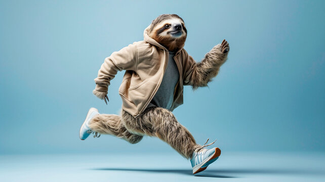 Cute sloth wearing running suit and running shoes studio shot , Fantasy funny animal concept .