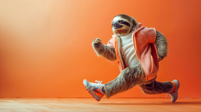 Cute sloth wearing running suit and running shoes studio shot , Fantasy funny animal concept .