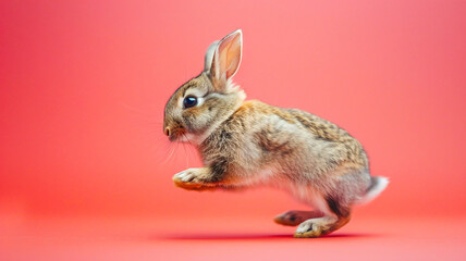 Cute rabbit is jumping studio shot on colorful pastel color .