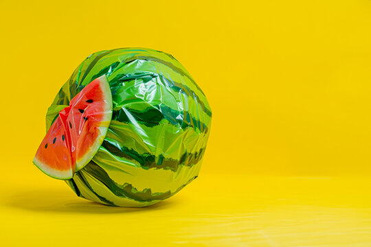 Colorful Watermelon Ball on Vibrant Yellow Background, a contrast of summer vibes and fun decor