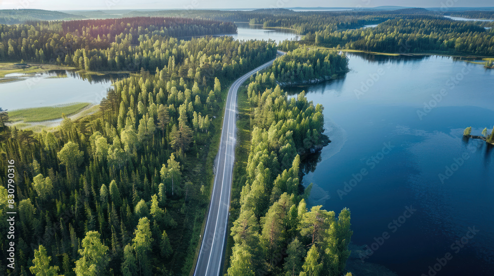 Wall mural bird's-eye view of a tranquil road meandering through vibrant green forests and alongside shimmering - Wall murals