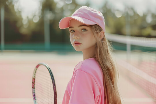 Beautiful girl teenager and athlete playing on tennis court.