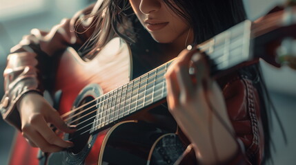 Women playing wood guitar : Music. AI Generative.