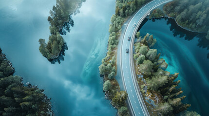Captivating aerial shot of traffic on a bridge road over a tranquil blue lake in summer Finland,...
