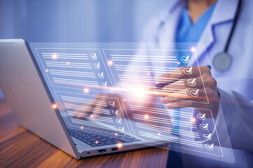 Doctor checklist item in document on system computer record data patient and follow up