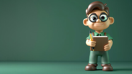 3D Writer:The writer cartoon mascot,equipped with a pen and notebook,embodies creativity and imagination. With a thoughtful expression poised stance,this 3D character captures the essence storytelling