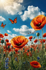 Obraz premium Natural landscape with blooming field of poppies. Poppies flowers and butterfly in nature in daylight and blue sky. Generated AI
