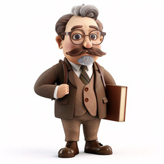 Fototapeta premium 3D Teacher: The cartoon teacher mascot,adorned in a friendly smile and academic attire,embodies knowledge and guidance. Holding book in one hand or chalkboard in the other,this 3D character symbolizes