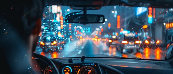 View from inside a car driving through a vibrant cityscape at night with colorful neon lights and wet streets creating a dynamic urban atmosphere.