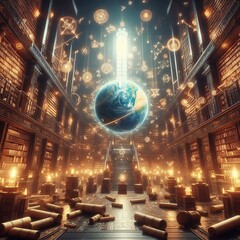 Obraz premium A mystical digital library with floating books and a glowing Earth globe in the center, illuminated by celestial diagrams and ancient scrolls.. AI Generation
