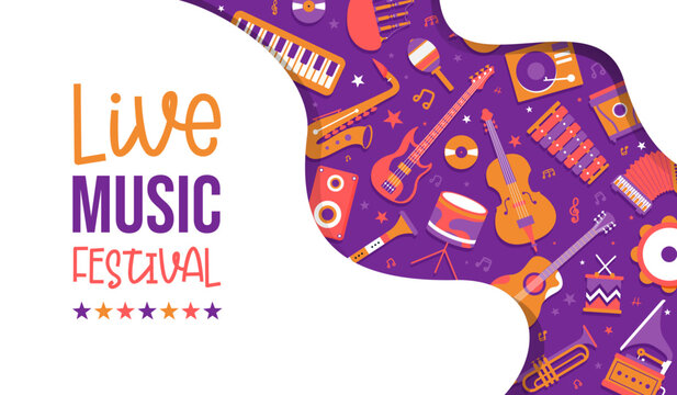 Live Music festival - Modern musical instruments - Illustrations and title - Bright and joyful colors to celebrate music - Model for concerts and festivals - Musical notes and various instruments