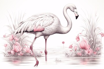 a flamingo in water with pink flowers