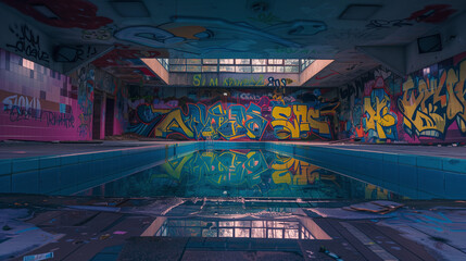 Colorful Graffiti in Abandoned Indoor Swimming Pool - Liminal Image