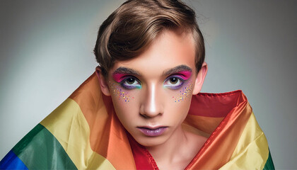 Close-up portrait of a young person with vibrant rainbow makeup and glitter, wrapped in a rainbow flag, celebrating LGBTQ+ pride and diversity.