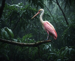 Pelican bird sitting on the branch in the natural green forest and flamingo in the zoo