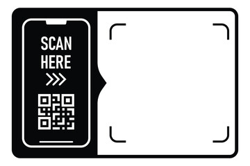 Scan here QR code blank frame. printable scan here sticker template for shop payment, website, app, ui. vector illustration on transparent background.