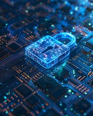 Obraz premium A closeup of an electronic circuit board with glowing padlock icon, symbolizing the concept of digital security and data protection