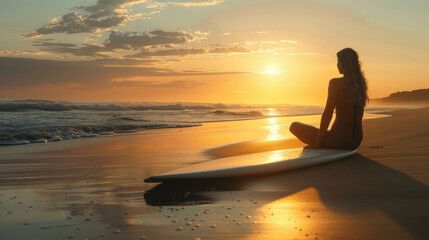 Fototapeta premium Quiet moment captured of a woman with her surfboard, sitting on a deserted beach at sunset, lost in thought and enjoying the tranquil beauty of the ocean.