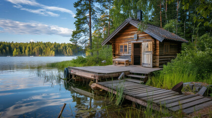 Rustic Finnish sauna in a traditional wooden hut by the lakeside, with a wooden pier extending out to fishing boats, capturing the essence of a tranquil summer landscape.