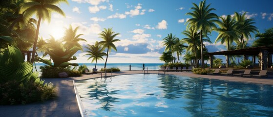 Fototapeta premium Sunshinefilled AI resort, 3D swim area, people relaxing, advanced tech for ultimate comfort 8K , high-resolution, ultra HD,up32K HD