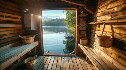 Rustic Finnish sauna in a traditional wooden hut by the lakeside, with a wooden pier extending out to fishing boats, capturing the essence of a tranquil summer landscape.