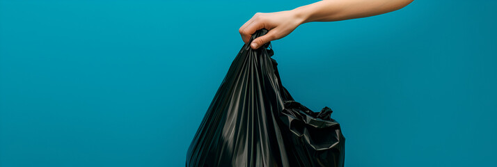 Closeup woman hand throwing away black polyethylene,
Hand holding a black garbage bag on grey background with clipping path
