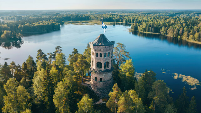 Scenic aerial view of Aulanko Observation Tower with the Finnish flag, set amidst a beautiful summer panorama of blue lakes and verdant forests in Hameenlinna.