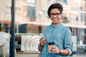 Portrait, smartphone and happy woman with glasses for connection, networking and social media in...