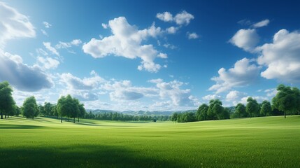Beautiful blurred spring scene, green lawn, surrounded by trees, blue sky, fluffy clouds, sunny day 8K , high-resolution, ultra HD,up32K HD