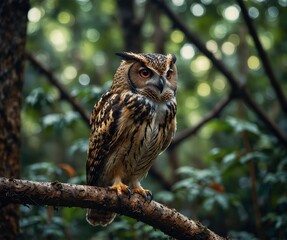 Obraz premium Owl sitting on a branch in the natural green forest