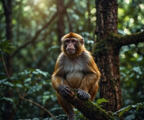 Monkey sitting on a branch in the natural green forest