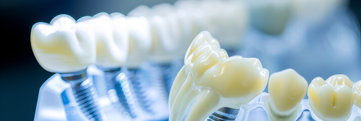 Closeup dental implant in a model of teeth,
Closeup/ Dental implants supported overdenture

