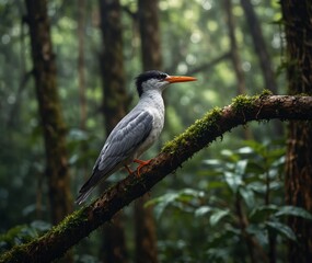 A bird sitting on a branch in the natural green forest