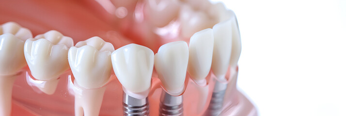 Closeup dental implant in a model of teeth,
Closeup/ Dental implants supported overdenture on blue background