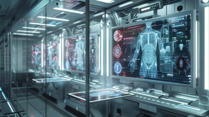 Obraz premium Medical technology hospital setting showcasing use computer technologies for treatment. Concept Hospital Technologies
