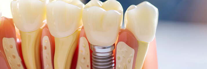 Closeup dental implant in a model of teeth,
A closeup view of a dental implant with a screw attachment
