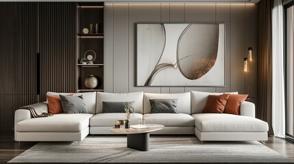 Home living room interior with sofa and living room closet background